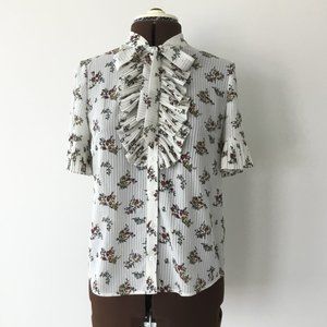 Floral Blouse with Pleated Jabot